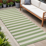 8' Green And Cream Striped Indoor Outdoor Runner Rug