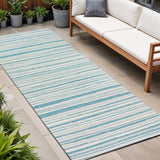 8' Aqua And Cream Striped Indoor Outdoor Runner Rug