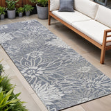 8' Navy Blue And Gray Floral Indoor Outdoor Runner Rug