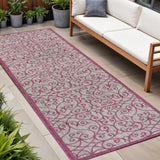 8' Light Gray And Fuchsia Geometric Indoor Outdoor Runner Rug