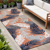 8' Orange Navy Blue And Ivory Floral Indoor Outdoor Runner Rug