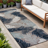 8' Brown Navy Blue And Ivory Floral Indoor Outdoor Runner Rug