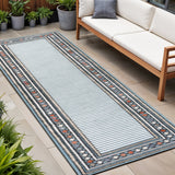 8' Blue And Ivory Geometric Indoor Outdoor Runner Rug