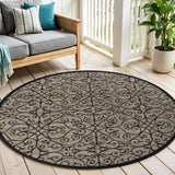 8' Black And Khaki Round Geometric Indoor Outdoor Area Rug