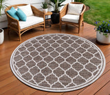 8' Espresso And Taupe Round Geometric Indoor Outdoor Area Rug