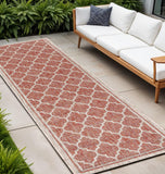 20' Red And Beige Geometric Indoor Outdoor Runner Rug