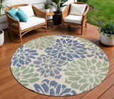 8' Navy Blue And Green Round Floral Indoor Outdoor Area Rug