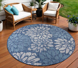 8' Navy Blue And Aqua Round Floral Indoor Outdoor Area Rug