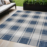5' X 8' Navy Blue And Cream Gingham Indoor Outdoor Area Rug