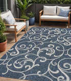 5' X 8' Navy Blue And Cream Floral Indoor Outdoor Area Rug
