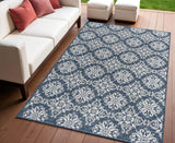 4' X 6' Navy Blue And Cream Floral Indoor Outdoor Area Rug