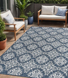 5' X 8' Navy Blue And Cream Floral Indoor Outdoor Area Rug