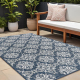 8' X 10' Navy Blue And Cream Floral Indoor Outdoor Area Rug