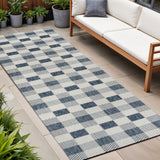 8' Navy Blue And Cream Geometric Indoor Outdoor Runner Rug