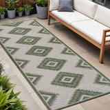8' Green And Cream Moroccan Indoor Outdoor Runner Rug