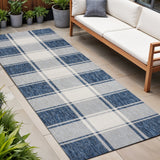 8' Navy Blue And Cream Gingham Indoor Outdoor Runner Rug