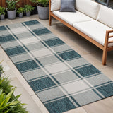 8' Turquoise And Cream Gingham Indoor Outdoor Runner Rug