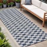 8' Navy Blue And Cream Geometric Indoor Outdoor Runner Rug
