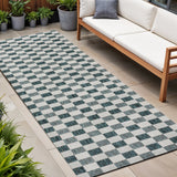 8' Turquoise And Cream Geometric Indoor Outdoor Runner Rug