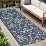 8' Navy Blue And Cream Floral Indoor Outdoor Runner Rug