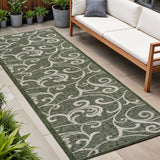 8' Green And Cream Floral Indoor Outdoor Runner Rug
