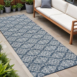 8' Navy Blue And Cream Floral Indoor Outdoor Runner Rug