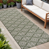 8' Green And Cream Floral Indoor Outdoor Runner Rug