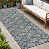 8' Turquoise And Cream Floral Indoor Outdoor Runner Rug