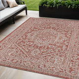 5' X 8' Red And Taupe Medallion Indoor Outdoor Area Rug