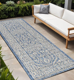 8' Navy Blue And Gray Medallion Indoor Outdoor Runner Rug