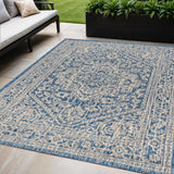 5' X 8' Navy Blue And Gray Medallion Indoor Outdoor Area Rug