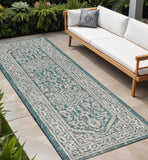 8' Teal Blue And Gray Medallion Indoor Outdoor Runner Rug