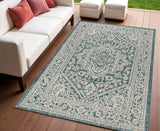 4' X 6' Teal Blue And Gray Medallion Indoor Outdoor Area Rug