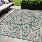 5' X 8' Teal Blue And Gray Medallion Indoor Outdoor Area Rug