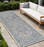 8' Gray And Navy Blue Medallion Indoor Outdoor Runner Rug