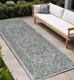 8' Gray And Teal Blue Medallion Indoor Outdoor Runner Rug