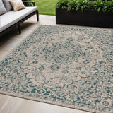 5' X 8' Gray And Teal Blue Medallion Indoor Outdoor Area Rug
