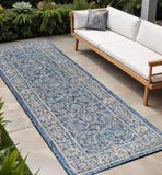 8' Navy Blue And Gray Medallion Indoor Outdoor Runner Rug