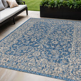 5' X 8' Navy Blue And Gray Medallion Indoor Outdoor Area Rug