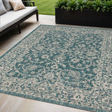 5' X 8' Teal Blue And Gray Medallion Indoor Outdoor Area Rug