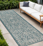 8' Teal Blue And Gray Medallion Indoor Outdoor Runner Rug
