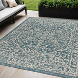 5' X 8' Teal Blue And Gray Medallion Indoor Outdoor Area Rug