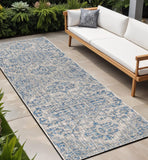 8' Navy Blue And Gray Medallion Indoor Outdoor Runner Rug