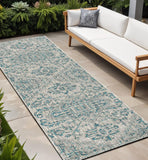 8' Teal Blue And Gray Medallion Indoor Outdoor Runner Rug