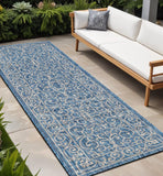 8' Navy Blue And Gray Medallion Indoor Outdoor Runner Rug