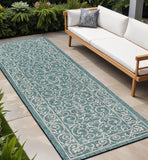 8' Teal Blue And Gray Medallion Indoor Outdoor Runner Rug