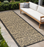 8' Black And Khaki Geometric Indoor Outdoor Runner Rug