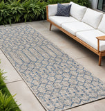 8' Light Gray And Navy Blue Trellis Indoor Outdoor Runner Rug