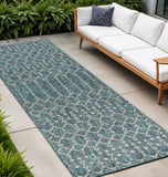 8' Teal Blue And Gray Trellis Indoor Outdoor Runner Rug