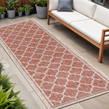 8' Red And Beige Geometric Indoor Outdoor Runner Rug